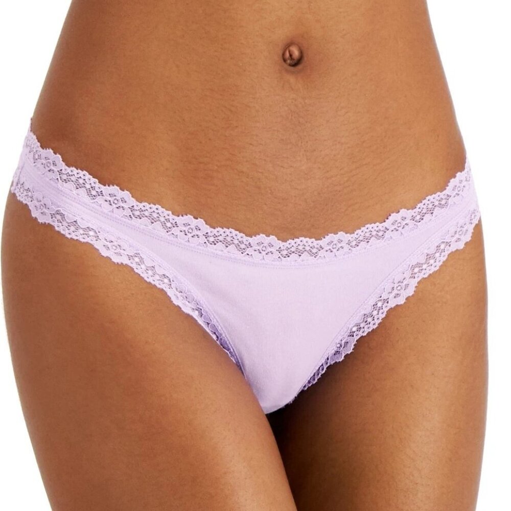 Jenni Women's Lace-Trim Cotton Blend Thong Panty Underwear, Glazed Lilac